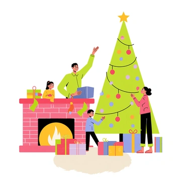 A cozy Christmas scene featuring a family gathered around a tall, green Christmas tree decorated with colorful ornaments and twinkling lights. The tree is situated next to a brick fireplace, which has stockings hanging from the mantle. There is a warm glow coming from the fire, illuminating the room. A mother and father are smiling as they place a shining star on the top of the tree. Two children, a boy and a girl, are reaching for lower branches, hanging red and gold ornaments. Scattered around the floor are wrapped presents in bright, festive paper. A fluffy white rug lies in front of the fireplace, completing the festive atmosphere.