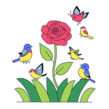 A blooming rose with deep red petals stands prominently among green foliage. It is surrounded by small birds with bright feathers, perched on nearby branches. Colorful butterflies flutter around the rose, showcasing wings decorated with intricate patterns. The environment features varied shades of green, indicating lush grass and plants, creating a vibrant setting. The scene captures a sense of growth and life in nature.