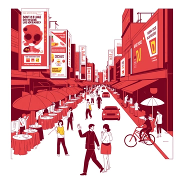 A red bustling city street is filled with various people walking in different directions. There are small tables with umbrellas outside of numerous white cafés, where some patrons are enjoying their drinks. Colorful billboards display vibrant advertisements above the street, showcasing various products and events. The scene is lively, with a mix of pedestrians, cyclists, and cars navigating through the urban landscape.