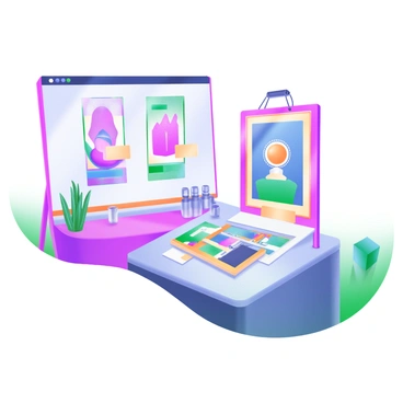 A virtual art fair booth featuring a vibrant array of freelance illustrators' work. The booth is adorned with framed illustrations, showcasing a variety of styles and themes. Each piece is neatly arranged on a sleek, modern display table. There are labels beneath each artwork with the names of the illustrators and the titles of their pieces. A large digital screen in the back of the booth displays a rotating slideshow of featured artwork. Soft pastel colors dominate the booth's design, creating a welcoming atmosphere. A small plant is placed on the table to add a touch of nature.