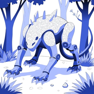 A predator is positioned in a dense forest environment, merging seamlessly with its surroundings. Its body is covered in a combination of organic patterns resembling leaves and bark, and mechanical elements that mimic the texture of rusted metal and broken branches. The creature's eyes are narrow slits, glowing subtly, and its limbs have a mix of sinewy muscle and articulated jointed sections, suggesting both agility and strength. Surrounding the predator are various plants and trees, with light filtering through the canopy, casting intricate shadows that emphasize the predator's stealthy form.