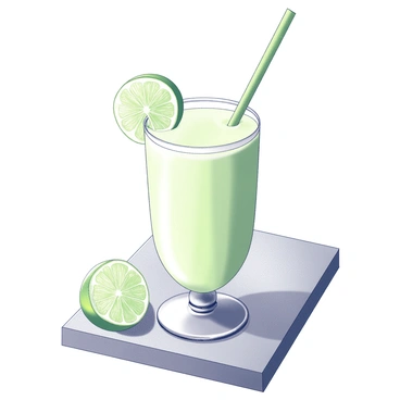 A tall glass filled with a smooth lime smoothie sits on a wooden table. The glass has a transparent body, showcasing the creamy texture of the smoothie. A green straw is placed inside the glass, slightly bent at the top. An inviting lime wedge is positioned on the rim of the glass, adding a decorative touch. The background features subtle hints of kitchen elements, creating a cozy atmosphere.