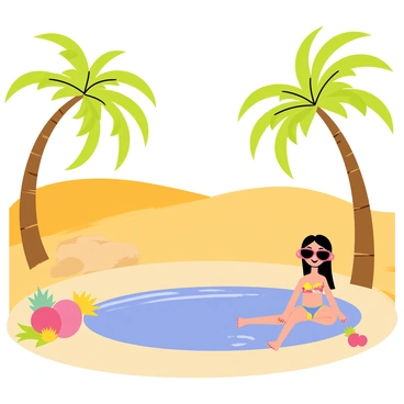 A "Polly Pocket" doll is resting at a tiny desert oasis. The scene features a small, crystal-clear pond in the center, reflecting the bright blue sky above. Surrounding the pond are lush green palm trees with broad leaves casting playful shadows on the ground. Sand dunes stretch out in the background, creating a warm, sandy landscape. The "Polly Pocket" doll is wearing a colorful swimsuit and sunglasses, enjoying the tranquility of the oasis. Brightly colored flowers bloom near the water's edge, adding vibrant pops of color to the serene setting.
