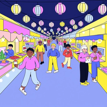 A pathway through a night market is lined with various glowing lanterns in different shapes and colors, illuminating the scene with warm light. The lanterns hang above the pathway, creating a vibrant canopy. On either side of the pathway, cheerful shoppers browse through colorful stalls filled with an assortment of goods, including fruits, crafts, and street food. Some shoppers are engaged in conversation, while others hold shopping bags or sample food from vendors. The atmosphere is lively, with a variety of people enjoying the bustling market experience.