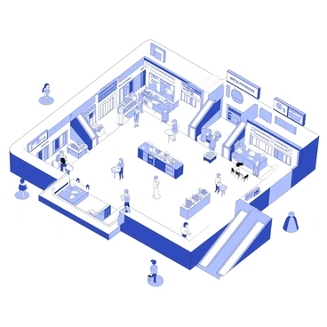 An isometric view of a shopping mall featuring various stores. Each store has distinct signage that indicates the type of merchandise offered, such as clothing, electronics, and accessories. In the center, there is a spacious food court with several tables and chairs, surrounded by food stalls displaying various cuisines. Escalators are positioned at multiple locations, connecting the different levels of the mall. A few shoppers can be seen walking throughout the space, interacting with the store displays and enjoying their meals in the food court.