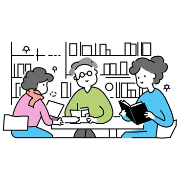 A cozy library interior featuring people sitting at wooden tables. A woman with curly hair is reading a book, wearing a blue sweater. An older man with glasses is focused on a thick novel, dressed in a green cardigan. A person in a red scarf is quietly browsing through a magazine. Soft light from a nearby window casts gentle shadows on the scene. Bookshelves filled with various titles surround the reading area.