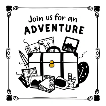 A vintage travel invitation featuring an old suitcase positioned at the center. The suitcase is textured with weathered leather and brass hardware. Scattered around the suitcase are multiple postcards, each depicting various landmarks and scenic views. Some postcards are slightly overlapping, while others are fanned out to display their details. The words "Join Us for an Adventure" are elegantly arranged above the suitcase, with a decorative border framing the entire composition.