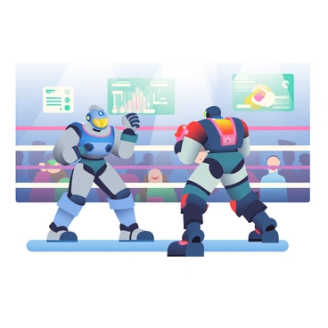 Two futuristic robots boxing in a high-tech arena