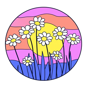 A field of daisies with white petals and yellow centers is silhouetted against a vibrant sunset. The sky is filled with a gradient of colors, transitioning from deep orange to soft pink and purple. The daisies stand tall, their shapes clearly defined against the bright background, creating a striking contrast.