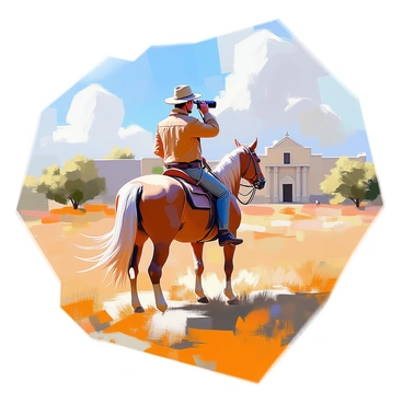 A scout on a dappled brown horse is positioned on a grassy hill, overlooking the Alamo. The scout is wearing a weathered leather jacket and a wide-brimmed hat, with a pair of binoculars raised to their eyes as they scan the horizon for any signs of activity. In the background, the historic structure of the Alamo stands prominently, surrounded by desert vegetation and a clear blue sky. The sun casts shadows across the landscape, enhancing the details of the terrain. The wind slightly rustles the scout's clothing and the horse's mane, adding a sense of movement to the scene.