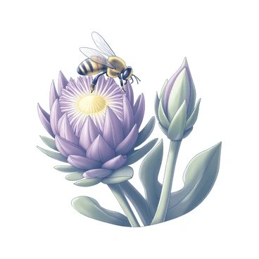 A honeybee with delicate wings is perched on an artichoke flower. The bee is extending its proboscis to gather nectar from the flower's vibrant petals. The artichoke flower is large and spiky, with multiple layers of purple bracts surrounding the central yellow stigma. The scene captures the intricate details of the bee's body, including the black and yellow stripes. The background features lush green leaves of the artichoke plant, creating a natural setting for this interaction.
