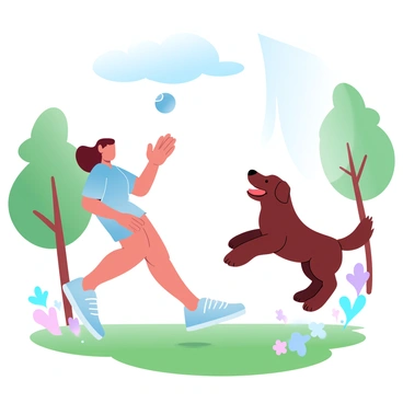 A woman in a bright, casual outfit is playing with a dog in a sunny park. The woman is tossing a ball for the dog to fetch, and her posture is dynamic, showing movement. The dog is a medium-sized breed with a shiny coat, leaping energetically towards the ball. The background features green trees and a blue sky with a few fluffy clouds. A sunbeam is shining down, creating a warm atmosphere. Colorful flowers are scattered around the grassy area, adding vibrancy to the scene.