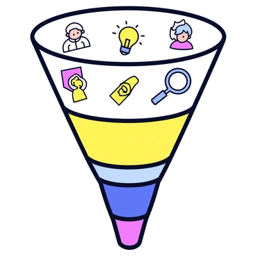 A vibrant illustration of a funnel with various stages, each filled with small icons representing potential leads