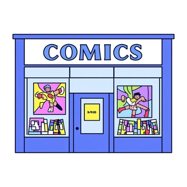 A storefront of a comic book store with large glass windows. The windows display vibrant posters featuring various "superheroes" in dynamic poses. Inside the window, there are neatly arranged "graphic novels" with colorful covers, showcasing popular titles. The entrance to the store has a welcoming sign that reads "COMICS" in bold letters. The overall aesthetic of the storefront has a playful and inviting look, attracting passersby with its eye-catching visuals.