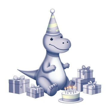 A dinosaur with a chubby body and small arms sits happily on the ground. It is wearing a colorful party hat that is slightly tilted. Surrounding the dinosaur are several wrapped gifts of various shapes and sizes, some with big bows on top. In front of the dinosaur is a round cake with candles on it, placed on a small table. The scene conveys a festive atmosphere of celebration.