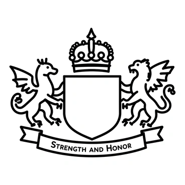 A coat of arms, prominently displaying a majestic crown at the top. The crown is intricately designed with jewels and ornate detailing. Surrounding the crown are two mythical creatures, one on each side. On the left, a fierce dragon with scales and wings stands tall, while on the right, a graceful griffin with the body of a lion and the head of an eagle is poised. Below the crown, a ribbon flows across the bottom of the coat of arms, bearing the words "Strength and Honor" in elegant lettering. The overall composition is symmetrical and balanced, highlighting the crown and mythical creatures as the central focus.
