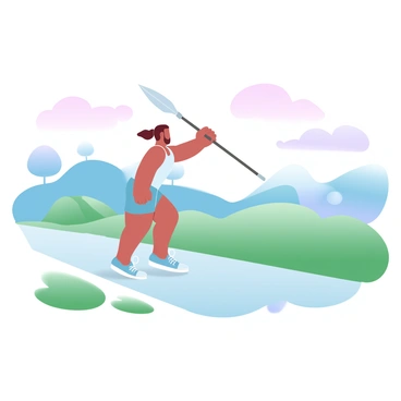 An athlete is in the midst of an early morning outdoor training session, preparing to throw a javelin. The athlete is wearing a fitted athletic outfit, showcasing a focused stance, with one arm extended back holding the javelin. The background features rolling hills bathed in soft pastel colors, reflecting the early morning light, and a gentle gradient of the sky transitioning from pale pink to light blue. Lush green grass covers the ground, and a few trees are positioned in the distance, framing the scene.