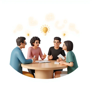 A round wooden table, polished to a sheen, occupies the center of the scene. Around the table, four diverse people are engaged in animated discussions; a man wearing a blue blazer and glasses is leaning forward, excitedly pointing at a notebook in front of him. A woman with curly hair, dressed in a red sweater, is looking thoughtfully at a floating sketch of a light bulb above the table. To her left, a man in a black t-shirt, with a notepad in hand, is making a gesture as if sharing an idea, while a woman with straight hair, wearing a green blouse, is smiling and nodding her head in agreement. Above the table, there are various idea sketches in the air, including outlines of graphs, light bulbs, and arrows connecting concepts, all glowing softly, creating an atmosphere of creativity and collaboration.