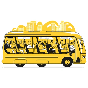 A crowded bus filled with city-dwellers, each person engaged in their own activities. Some passengers are sitting, while others are standing, holding onto poles for balance. The bus is decorated with advertisements above the windows. Through the large windows, tall skyscrapers can be seen, their outlines contrasting with the sky. The scene captures the hustle and bustle of urban life, with a focus on the diverse expressions of the passengers.