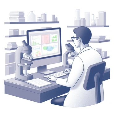 A scientist in a lab analyzing data on a computer screen about brain aneurysms