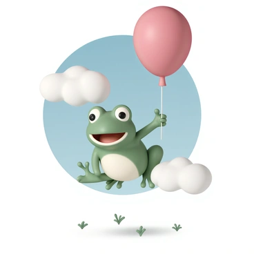 A cute frog, with bright green skin and large round eyes, is holding a vibrant bright red balloon with its tiny webbed hands. The frog appears to be floating in mid-air, surrounded by fluffy white clouds against a blue sky. The balloon is bobbing slightly above the frog's head, while the frog looks joyful, with its mouth open in a smile. There are small patches of green grass visible below, adding contrast to the scene.