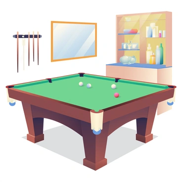 A classic billiard room features a large green felt table at the center, surrounded by elegant wooden flooring. The table is equipped with several polished billiard balls in a triangle formation. Vintage cue stick holders are mounted on the wall, displaying a collection of intricately designed cue sticks. Soft, warm lighting illuminates the room, casting gentle shadows. In the background, a wooden bar cabinet filled with glassware and bottles is visible, enhancing the room's traditional charm. A large framed mirror hangs above the table, reflecting the scene back into the space.