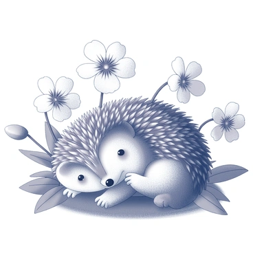 A hedgehog is curled up, nestled among several blooming primroses. The hedgehog has a round body covered in spines, and its small face is partially hidden in the soft petals of the flowers. The primroses are detailed with their distinct shapes and layers of petals, creating a vibrant contrast with the hedgehog. Surrounding the scene are lush green leaves that frame the cozy garden corner, enhancing the sense of a tranquil natural habitat. The setting is peaceful, capturing a moment of rest in the garden.