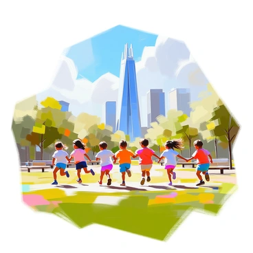 A group of children is energetically playing in a park, engaging in various activities such as running, jumping, and playing tag. They are of diverse backgrounds, wearing colorful clothing that adds vibrancy to the scene. A large, green expanse of grass covers the ground, dotted with a few trees and benches. In the background, "Landmark 81" stands tall, its sleek and modern design contrasting with the playful atmosphere of the park. The sky is a clear blue, with a few fluffy white clouds, adding to the overall cheerful ambiance of the scene.