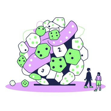 A large public sculpture composed entirely of interconnected dice stands in an open plaza. The sculpture features numerous individual dice, each showing different numbers on their faces. The dice are arranged in a flowing, dynamic structure, giving the impression of movement. Some dice are stacked vertically while others are positioned horizontally. The entire assembly creates a fascinating pattern that invites viewers to walk around and observe from various angles. Shadows cast by the sculpture enhance the complexity of the design as they stretch across the ground.