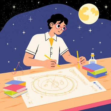 An astrologer with dark hair and glasses is sitting at a wooden table. The table is cluttered with various astrological tools, such as a compass, colorful astrology books, and a large piece of parchment with intricate symbols. Above, a star-filled night sky sparkles with countless stars, and a bright full moon illuminates the scene. The astrologer is carefully drawing a detailed birth chart, using a gold-colored pen to create various circular and angular designs. The atmosphere is calm and focused, highlighting the meticulous nature of the work being done.