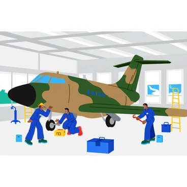 A group of technicians wearing blue uniforms is performing maintenance on a large military aircraft inside a spacious hangar. One technician is crouched under the aircraft, inspecting the landing gear, while another is using a wrench to tighten bolts on the wing. Tools and equipment, including ladders and toolboxes, are scattered around the hangar floor. Bright overhead lights illuminate the scene, and large doors in the background reveal glimpses of other aircraft. The aircraft has a camouflage paint scheme with distinct markings.