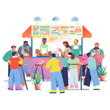 A bustling food stall is situated in a vibrant city market, surrounded by a diverse crowd of people. The stall is adorned with colorful banners displaying various dish names and prices. A chef is skillfully preparing steaming hot dishes on a large griddle, with sizzling vegetables and proteins visible. The aroma of spices fills the air, and a line of customers eagerly waits to place their orders. There are several wooden tables nearby, where people are enjoying their meals, and a few decorative potted plants add greenery to the scene. Bright overhead lights illuminate the stall, creating an inviting atmosphere.