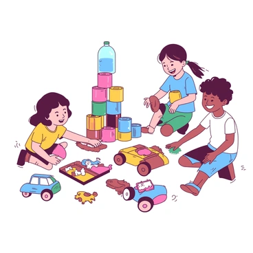 A group of children is gathered in a bright, open space, happily engaged in playing with various toys made from recycled plastic and other materials. One child is building a tower with colorful blocks made from recycled bottles, while another child is racing a toy car constructed from old cans across the floor. Nearby, a third child is assembling a puzzle featuring animals, crafted from cardboard and paper. The scene is filled with laughter and excitement, showcasing creativity and environmental awareness as the children share their toys and ideas with one another.
