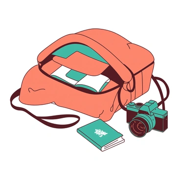 An orange sac-à-dos is open, revealing neatly packed clothing and a small teal travel toiletry kit inside. Next to the bag, a white passport lies open, displaying its photo page. Beside the passport, there is a sleek teal camera with a black strap, positioned as if ready to capture moments. The setting suggests anticipation for a travel adventure, with the items organized and prepared for a journey.