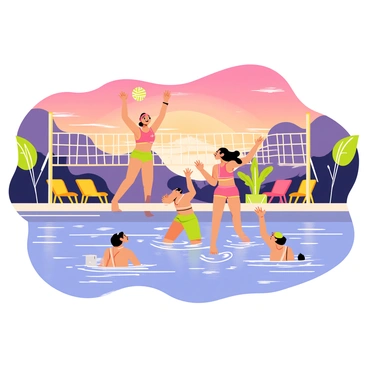 A pool volleyball game featuring two teams playing energetically in the water. The players are in bright swimwear, with one jumping to hit the volleyball over the net. The pool is surrounded by colorful lounge chairs and tropical plants. The sky is filled with shades of pink, orange, and purple as the sun sets, casting warm reflections on the water's surface, enhancing the lively atmosphere of the game.