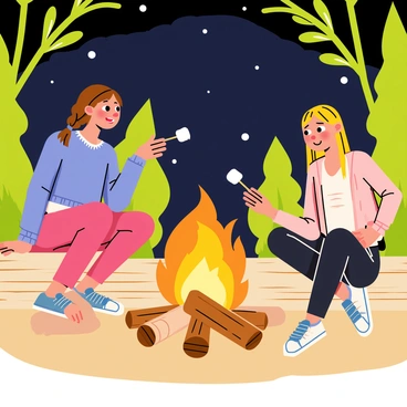 A cute girl with braided brown hair is roasting marshmallows over a bright orange campfire. She is wearing a cozy blue sweater and smiling as she listens to her friends. Around her, there are two friends, one with short black hair and the other with long blonde hair, both sitting on logs. They are engaged in storytelling, with hands animatedly gesturing. The campfire emits warm light, illuminating their happy faces and the surrounding trees with soft green leaves. In the background, the night sky is dark with twinkling stars.