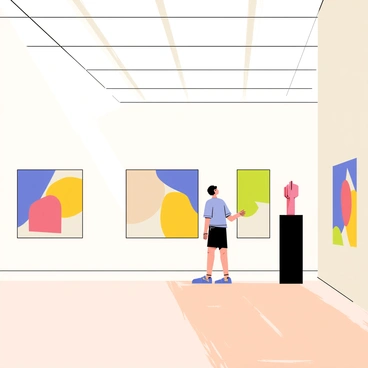 A visitor standing in a spacious museum gallery with high ceilings and large windows allowing sunlight to stream in. The walls are adorned with various colorful artworks framed in sleek black frames. The visitor, dressed casually, is intently examining a large abstract painting that is predominantly blue and yellow. There are also sculptures displayed on pedestals nearby, and a polished wooden floor reflects the light coming from above.