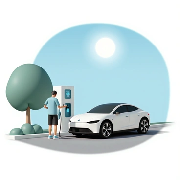 A person, wearing a light blue t-shirt and black shorts, stands beside a sleek, silver electric car at a charging station. The car is plugged into the charging station with a visible cable connected to the front. The sun is shining brightly in a clear blue sky, casting distinct shadows on the ground. The charging station features a digital display screen showing the charging progress. Nearby, there are green trees and a manicured lawn, adding to the pleasant atmosphere of the sunny day. The driver is checking their smartphone while waiting for the car to charge.