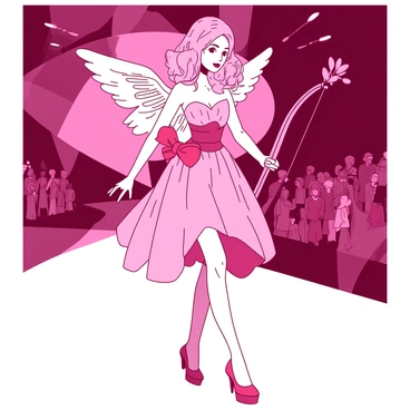 A fashionable cupid on a runway, showcasing heart-themed couture