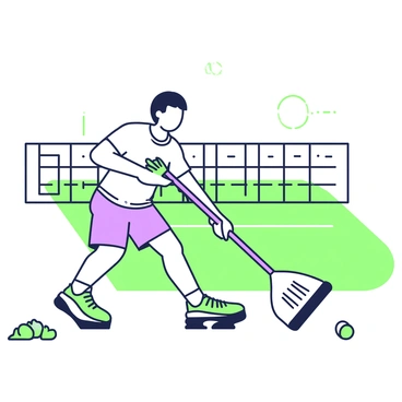 A tennis player is on the court, actively sweeping the lines with a broom. The player is wearing a sporty outfit consisting of a short-sleeved shirt and shorts, along with tennis shoes. The court surface is visible, marked with white lines, and the player holds the broom with both hands, focused on their task. In the background, there are tennis nets, and a set of tennis balls are scattered near the baseline. The sun casts soft shadows on the court, creating a lively atmosphere.