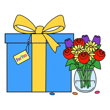 A large gift box wrapped in shiny blue paper with a bright yellow ribbon tied in a large bow on top. The box has a small gift tag that reads "For You" in colorful letters. Beside the gift box, there is a vibrant bouquet of birthday flowers, including red roses, yellow daisies, and purple tulips. The flowers are arranged in a clear glass vase filled with water. The setting includes a few colorful confetti scattered around the base of the gift box and the vase.