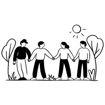 A circle of people of various ages is standing together, holding hands. Each person wears casual clothing that reflects their individual styles. The group is illuminated by a single sunbeam that creates a contrast against the surrounding area. The ground beneath them is covered with grass, and there are a few scattered wildflowers. The background features trees gently swaying in the breeze, creating a sense of unity and connection among the group.