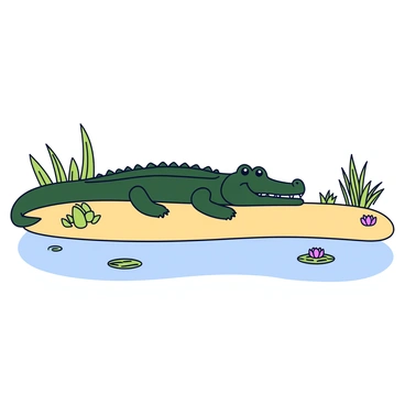 An alligator with dark green scales lying on a sandy bank by the water's edge. The alligator has its mouth slightly open, revealing its sharp teeth. Surrounding the alligator are patches of tall grass and small bushes, with a calm stretch of water reflecting the sky nearby. A few water lilies float on the surface of the water, adding detail to the scene.