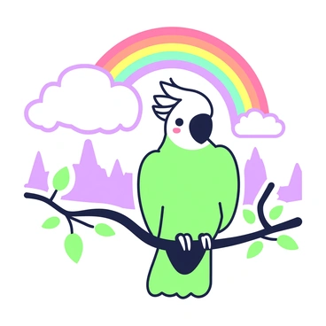 A majestic cockatoo sitting beneath a vivid rainbow in a clear sky