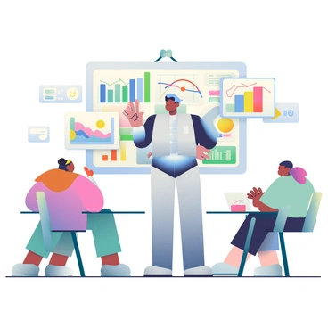 An AI with a sleek, futuristic design is standing at the forefront, presenting data insights to an audience. The AI has a smooth, silver exterior with glowing blue accents. In front of the AI, multiple visual graphs are displayed, showcasing colorful bar charts, line graphs, and pie charts, all filled with vibrant colors. Surrounding the graphs are various icons representing data elements, such as magnifying glasses, light bulbs, and check marks. The audience, comprised of diverse individuals with varying skin tones, is seated and attentively watching the presentation, with some taking notes. The setting is a modern conference room with soft lighting, subtly enhancing the focus on the AI and the data visuals.