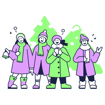 A group of cheerful carolers stands together in a winter setting. They are wearing colorful winter coats, hats, and scarves. Each caroler holds a jingle bell in one hand and sings joyfully, with bright smiles on their faces. Their breath is visible in the cold air, and a few snowflakes gently fall around them. In the background, evergreen trees are partially covered in snow, creating a festive atmosphere.