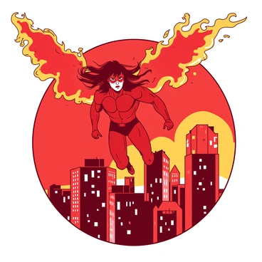 A red superhero character with a muscular build and flowing hair is soaring above a city skyline. The character has large wings made of vibrant orange flames that trail behind them as they fly. Below, the city is filled with tall buildings, with windows reflecting the light of the setting sun. The sky is a gradient of red and orange, enhancing the fiery effect of the wings. The superhero's confident pose showcases their strength and determination as they navigate the urban landscape.
