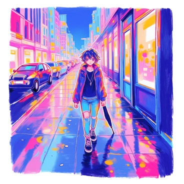 An emo character with black dyed hair and colorful streaks is walking through a city at night. They are wearing a fitted black band t-shirt and ripped jeans, with silver piercings visible on their ears. Surrounding them are bright city lights reflecting off the pavement. Puddles from a recent rain collect the light, creating a shimmering effect. The character holds a small black umbrella tucked under one arm, their expression thoughtful as they stroll along the wet sidewalk.