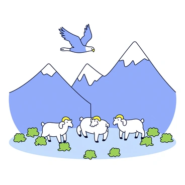 A mountainous landscape with tall, rugged peaks and a clear blue sky. At the base of the mountains, there are clusters of green shrubs scattered across the rocky ground. Among the shrubs, a group of mountain goats stands, with their distinct curved horns and thick fur. High above, an eagle soars gracefully, its wings outstretched against the backdrop of the mountains. The scene visually represents the food chain, with the shrubs providing sustenance for the goats and the eagle surveying the terrain from above.