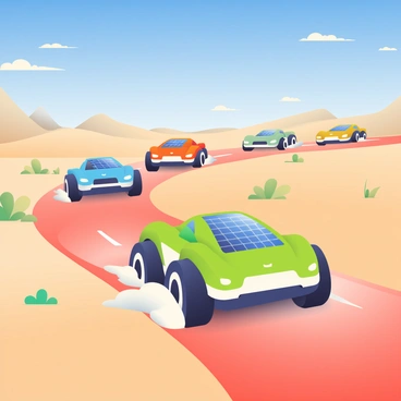 A line of vibrant solar-powered cars is racing along a winding desert track. The cars are sleek and aerodynamic, featuring bright colors like electric blue, lime green, and fiery orange. Each car has solar panels glistening on the roof, harnessing the sunlight. The desert landscape around them is vast and arid, with rolling sand dunes and sparse vegetation. In the background, a brilliant blue sky is speckled with a few fluffy white clouds. The tires of the cars kick up clouds of sand as they speed past, showcasing their energy and movement. There are distant mountains visible on the horizon, adding depth to the scene.